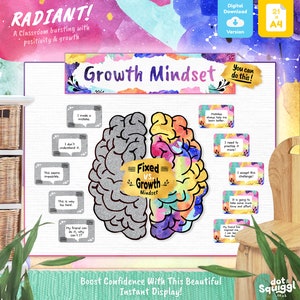 Puede incluir: Un cartel de aula con una ilustración colorida de un cerebro dividido en dos secciones, etiquetadas como "Fixed Mindset" y "Growth Mindset". El cartel incluye tarjetas con afirmaciones positivas para una mentalidad de crecimiento, como "Cometí un error" y "¡Acepto este desafío!" El cartel se titula "Growth Mindset" e incluye el texto "¡Puedes hacerlo!"