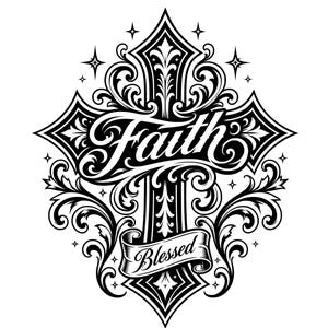 May include: A black and white graphic illustration featuring an ornate cross decorated with intricate scrollwork and filigree patterns. The word Faith is written in a bold script across the center, and a banner below displays the word Blessed.