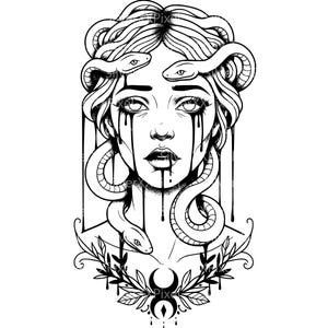 Gotische Medusa SVG PNG, Schlangenhaar-Frau Clipart, Porträt aus der dunklen Mythologie (Digitaler Download)