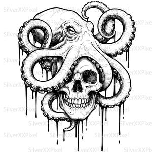 Bläckfiskskalle SVG PNG – Mörk Ocean Kraken-tatueringsstil, gotiskt sjömonster