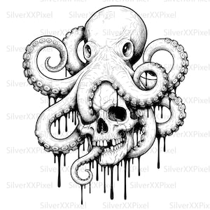 Octopus SVG | Kraken Tentacles and Skull Gothic Engraving Design | Dark Ocean Horror Tattoo Style