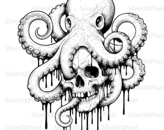Pulpo SVG / Diseño de grabado gótico con tentáculos de kraken y calavera / Tatuaje estilo terrorífico del océano oscuro
