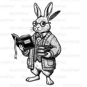 Könnte beinhalten: Eine schwarz-weiße Strichzeichnung eines Kaninchens mit runder Brille, Fliege und Strickjacke. Das Kaninchen hält ein offenes Buch mit der Aufschrift Dewey in der einen Hand und einen Stapel aus drei Büchern in der anderen, mit einer Feder am Ohr.