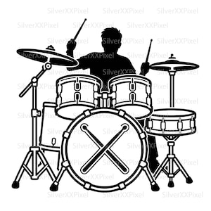 May include: Black and white illustration of a drum set with a drummer. The set includes a bass drum, snare drum, tom-toms, cymbals, and drumsticks. The drummer is silhouetted, playing the drums.