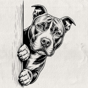 May include: A black and white ink-style illustration of a pit bull dog peeking from behind a vertical wooden board. The dog has expressive eyes, folded ears, and two paws resting on the edge of the board, rendered with detailed line work.