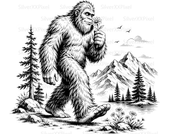 Puede incluir: Ilustración en blanco y negro de un Bigfoot caminando por un paisaje montañoso, oliendo una flor. La obra de arte presenta un trabajo de línea detallado, con árboles, montañas y pájaros en el fondo.