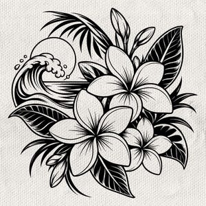 Peut inclure: Une illustration graphique en noir et blanc représentant trois fleurs de frangipanier aux pétales détaillés, entourées de feuilles tropicales, d'une vague océanique déferlante et d'un soleil circulaire, dans un style de dessin à l'encre.