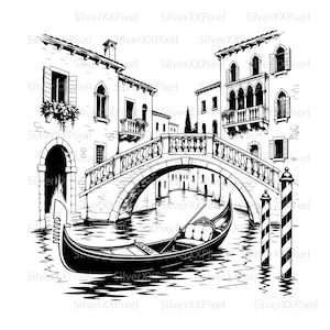 May include: Black and white illustration of a Venetian canal scene. A gondola floats on the water beneath a stone bridge. Buildings with arched windows and balconies line the canal. Decorative striped poles stand in the water.