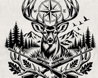 May include: A black and white graphic illustration featuring a central deer head with large antlers, positioned below a compass rose. Two rifles are crossed in the foreground, framed by oak leaves, a mountain range, pine trees, and birds.