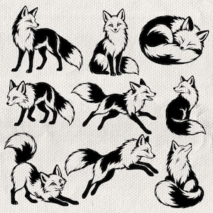 May include: A collection of nine black and white illustrations of foxes in various poses, including standing, sitting, running, and curled up. Each fox features detailed fur textures and distinct markings, presented as a set of graphic designs.