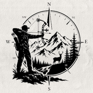 May include: A black and white graphic illustration featuring a person aiming a compound bow at a deer in a mountain landscape. The scene is framed within a compass rose design with cardinal directions N, E, S, W, NW, NE, SW, and SE clearly labelled.