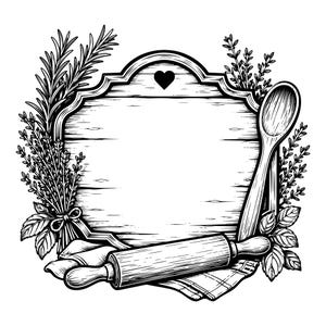 Peut inclure: Une illustration en noir et blanc représentant une enseigne en bois avec un cœur découpé en haut. L'enseigne est entourée de brins d'herbes, d'une cuillère en bois et d'un rouleau à pâtisserie posé sur un linge plié, formant un cadre.