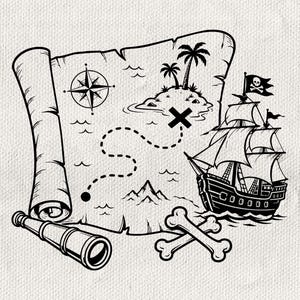 May include: A black and white illustration of a rolled treasure map featuring a compass rose, a dotted path leading to an X mark on an island with palm trees, a sailing ship with a skull and crossbones flag, a telescope, and crossed bones.