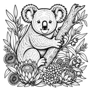 May include: A black and white line art illustration of a koala sitting on a tree branch. The koala is surrounded by detailed foliage, including eucalyptus leaves, berries, and various native flowers, rendered with intricate hatching and shading.