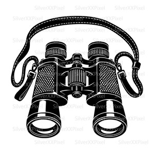 May include: Black and white illustration of binoculars with a neck strap. The binoculars have textured sides and adjustable focus knobs. The strap is stitched and has metal hardware. Ideal for outdoor enthusiasts and bird watchers.