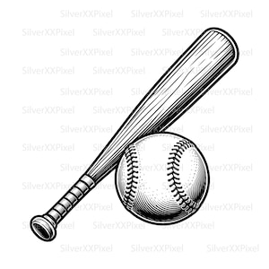Può includere: Illustrazione in bianco e nero di una palla e una mazza da baseball. La palla è bianca con cuciture nere. La mazza è in legno con un manico nero. L'immagine è un disegno in stile vintage.