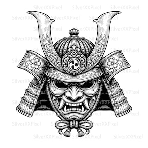 Samuraimask SVG PNG, Kabuto-hjälm Clipart, japansk krigaredesign för skjortor, väggkonst och gravyr
