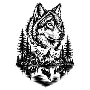 Puede incluir: Una ilustración gráfica en blanco y negro que presenta una cabeza de lobo grande en la parte superior, sobre un paisaje forestal con tres lobos más pequeños, montañas y pinos, todo reflejado en un cuerpo de agua en la base del diseño.