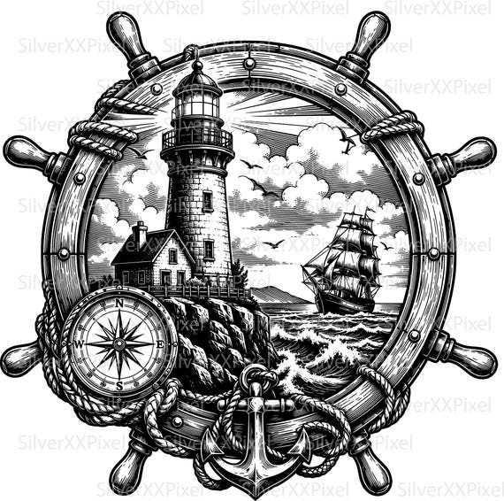 Nautical Lighthouse SVG PNG, Ship Wheel Compass Anchor, Beach House Sign, Boat Decal