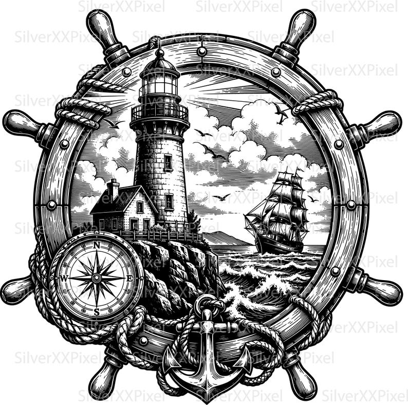 May include: Black and white nautical illustration featuring a lighthouse, sailboat, compass, and anchor within a ship's wheel. The artwork depicts a coastal scene with waves, birds, and a detailed rendering of the sea and sky. The design is framed by a wooden ship's wheel.