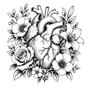 May include: A black and white line art illustration featuring an anatomical human heart as the central focus, surrounded by a detailed arrangement of various blooming flowers, including a rose, lilies, and leaves, rendered in a classic etching style.