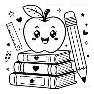 Pode incluir: Ilustração a preto e branco de material escolar. Uma maçã com um rosto sorridente está em cima de uma pilha de livros. Um lápis, uma régua, um clipe de papel, estrelas e corações completam o design.