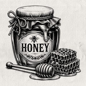 Pode incluir: Uma ilustração a preto e branco de um frasco de vidro com mel, com uma tampa de tecido atada com um fio. O rótulo diz HONEY com uma abelha e flores. Um pau de mel de madeira repousa ao lado de um bloco de favo de mel.