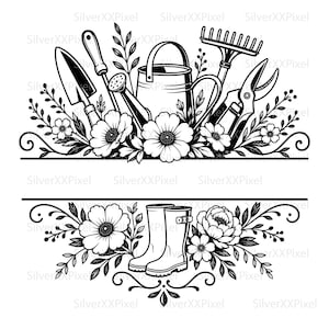 Op de afbeelding: Zwart-wit illustratie van tuingereedschap en bloemelementen. Het ontwerp omvat een troffel, gieter, hark, snoeischaar en een paar laarzen, allemaal omringd door bloemen en bladeren. Decoratief ontwerp.