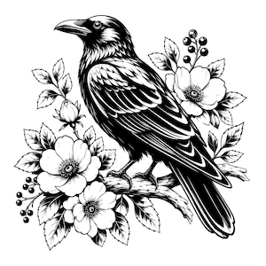 May include: A black and white illustration of a raven perched on a branch. The bird is surrounded by detailed floral elements, including open flowers, buds, and small berries with leaves, rendered in a high-contrast, graphic ink-style drawing.