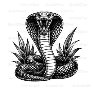 Kobra SVG PNG, Kobraorm Clipart, Reptilväggkonst, Gravyrfil, Vilda Djur Cricut Cut-fil