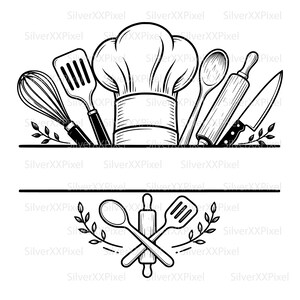 May include: Monochrome illustration of kitchen utensils: a chef's hat, whisk, spatula, spoon, rolling pin, and knife. The design is split into two sections with a line separating them. The bottom section features crossed utensils.