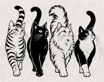 Four Cats Walking SVG PNG: Cat Group Cut File, Tabby Black Tuxedo and Fluffy Cat Silhouette