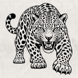 May include: A black and white graphic illustration of a snarling leopard in a prowling stance. The big cat features detailed fur spots, sharp teeth, and visible claws, rendered with bold lines against a textured off-white background.