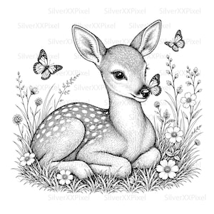 Könnte beinhalten: Schwarz-Weiß-Illustration eines jungen Rehs, das in hohem Gras liegt, umgeben von Wildblumen und Schmetterlingen. Das Reh hat weiße Flecken und ist der Mittelpunkt des Bildes. Zwei Schmetterlinge fliegen.
