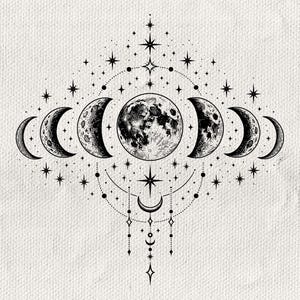 Pode incluir: Uma ilustração a preto e branco com uma lua cheia central ladeada por várias fases lunares numa disposição horizontal. O design é rodeado por numerosas estrelas de quatro pontas, pequenos pontos e linhas finas com um pendente.