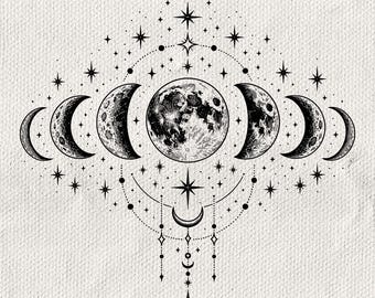 May include: A black and white illustration featuring a central full moon flanked by various lunar phases in a horizontal arrangement. The design is surrounded by numerous four-pointed stars, small dots, and delicate lines, with a dangling moon charm.