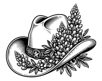 Cowgirl Hat with Bluebonnets SVG PNG Texas Bluebonnet Western Hat Line Art for Shirts Stickers Cricut Laser Engraving Wood Signs