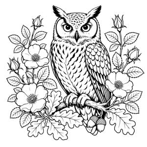 Puede incluir: Una ilustración de arte lineal en blanco y negro que muestra un búho detallado posado en una rama. El búho está rodeado de flores en flor, capullos de rosa y hojas de roble. Dos bellotas pequeñas cuelgan de la rama bajo las garras.