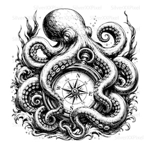 Könnte beinhalten: Schwarz-Weiß-Illustration eines Oktopus, dessen Tentakel sich um einen Kompass winden. Der Kompass zeigt Richtungsmarkierungen und ein zentrales Sterndesign, vor dem Hintergrund stilisierter Wellen und Seetang.