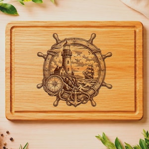 May include: Wooden cutting board with a nautical design. The design features a lighthouse, ship's wheel, compass, and anchor. The cutting board is rectangular with a juice groove around the edge. The wood has a light brown color.