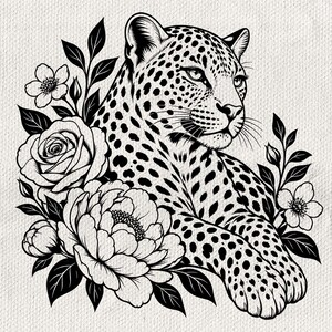 May include: A black and white line art illustration of a leopard resting among various flowers including a large rose and a peony. The leopard features detailed spots and whiskers, surrounded by leafy stems and blossoms on a textured white background.