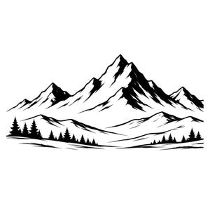 Könnte beinhalten: Eine schwarz-weiße grafische Illustration einer Bergkette mit zerklüfteten, schneebedeckten Gipfeln. Im Vordergrund befindet sich eine dichte Reihe von Nadelbäumen an der Basis, mit sanften Hügeln und Tälern in einem klaren Linienstil.