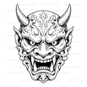 May include: A detailed black and white illustration of an Oni mask. The mask features prominent horns, sharp teeth, and intricate facial details. The design is symmetrical and bold, with a focus on the creature's fierce expression.