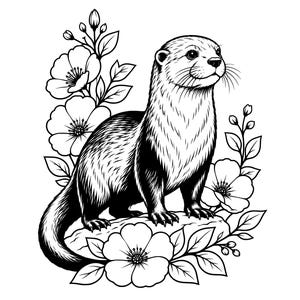 May include: A black and white line art illustration of an otter standing on a rock. The otter is surrounded by detailed floral elements, including several open blossoms and leaves arranged around the animal to create a decorative frame.
