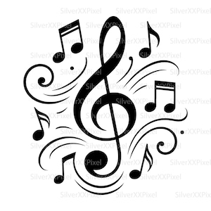 May include: A black graphic illustration featuring a central treble clef surrounded by various musical notes and decorative swirling lines. The design includes a beamed eighth note, a beamed sixteenth note, and several individual eighth notes.