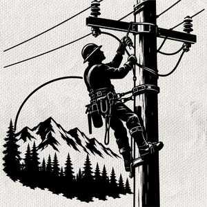 Puede incluir: Una ilustración gráfica en blanco y negro de un trabajador eléctrico con casco y arnés de seguridad, posicionado en un poste de madera mientras trabaja en los cables. Al fondo, una cordillera y un bosque de pinos.