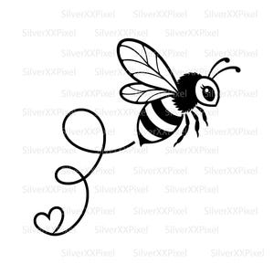 May include: A black and white graphic illustration of a flying bee with striped body segments and detailed wings. The bee is connected to a swirling, looping line that terminates in a small heart shape at the bottom left of the design.
