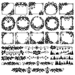 Può includere: Una collezione di illustrazioni digitali in bianco e nero con varie cornici, bordi e divisori a tema natalizio. I disegni includono rami di pino, stelle di Natale, fiocchi, decorazioni, fiocchi di neve, paesaggi invernali e slitte.