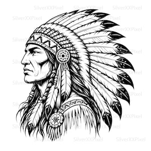 Native American Chief SVG PNG, Feather Headdress Portrait Illustration for Western Decor, Tribal Wall Art and Heritage Inspired Prints