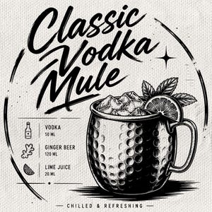 May include: A black and white illustration of a Classic Vodka Mule in a hammered metal mug with ice, a lime slice, and mint. Text includes ingredients: 50 ml vodka, 120 ml ginger beer, and 20 ml lime juice, with the phrase Chilled & Refreshing.